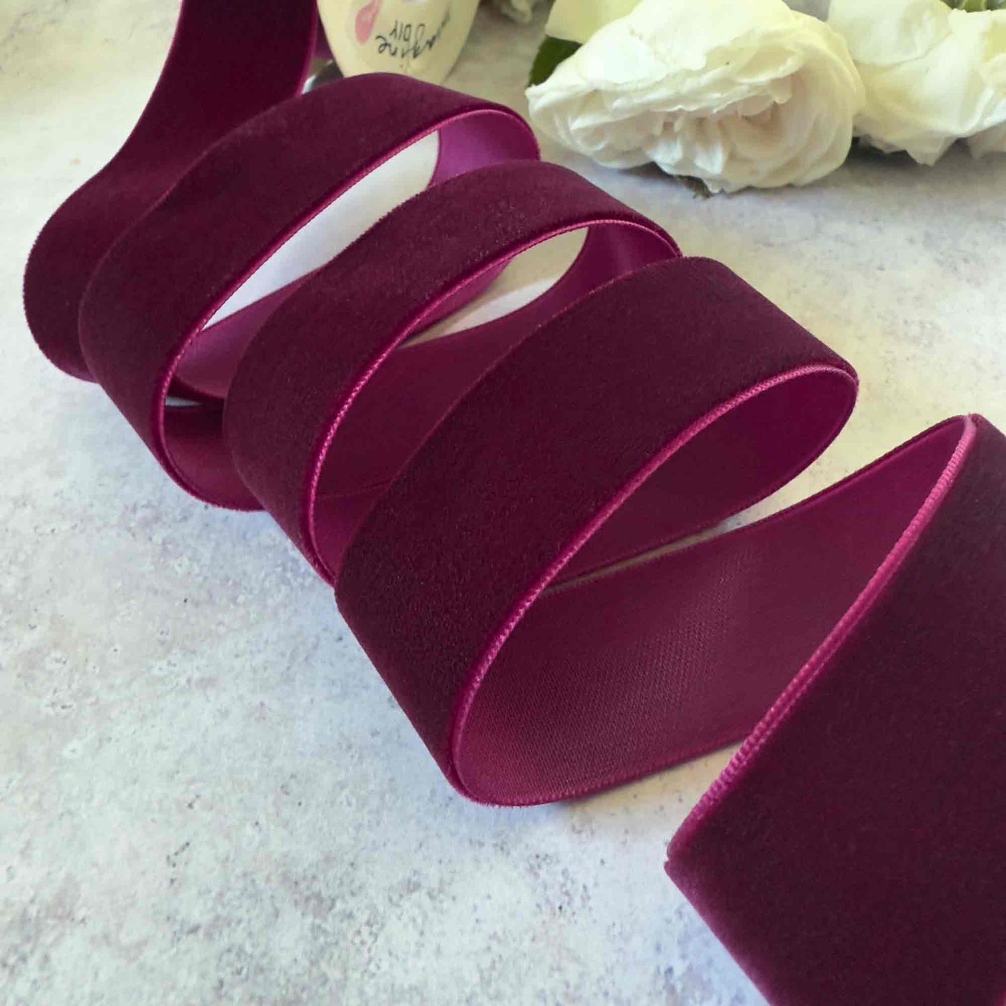 25mm wide velvet ribbon in a bordeaux burgundy colour