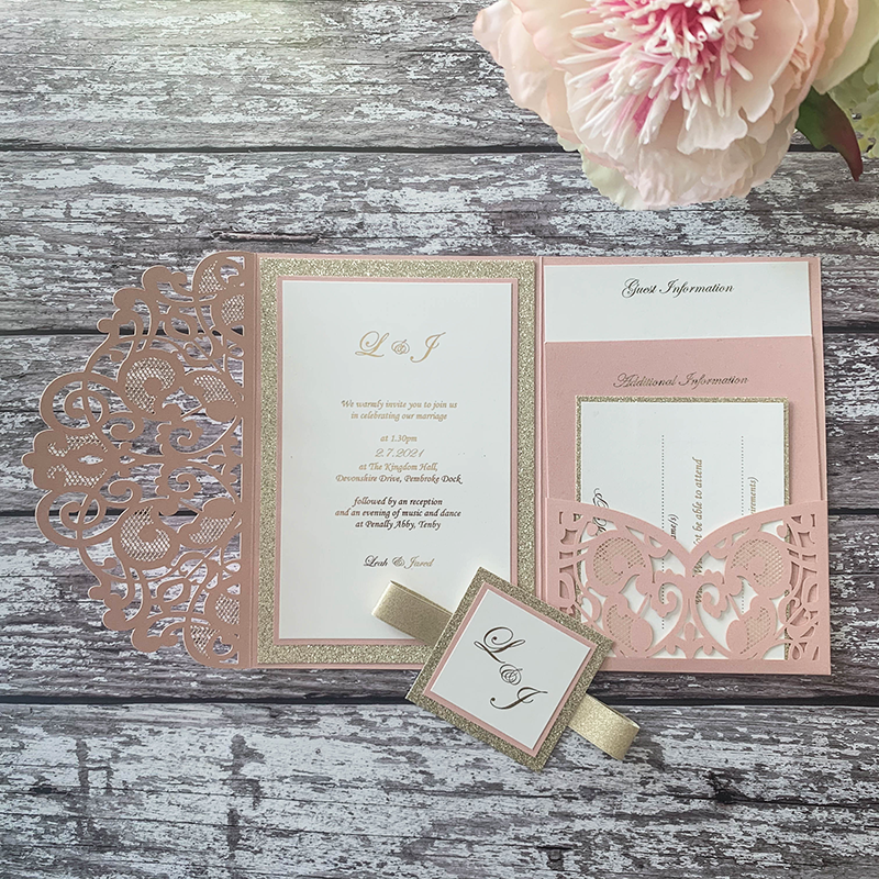Amelie Laser Cut Pocket Invitation in Blush Pink ImagineDIY