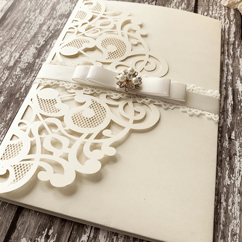 Elin Laser Cut Pocket Invitation in Pearlised Ivory ImagineDIY