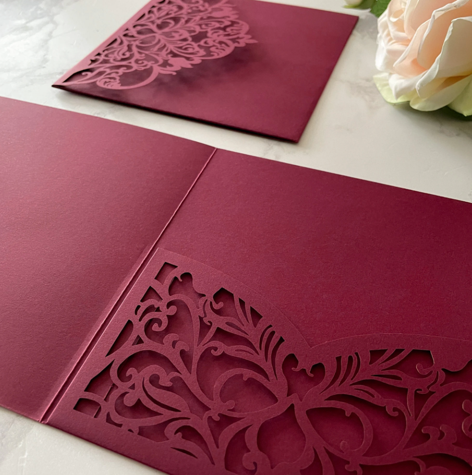 Wisteria Laser Cut Pocket fold Wedding Invitation - Burgundy