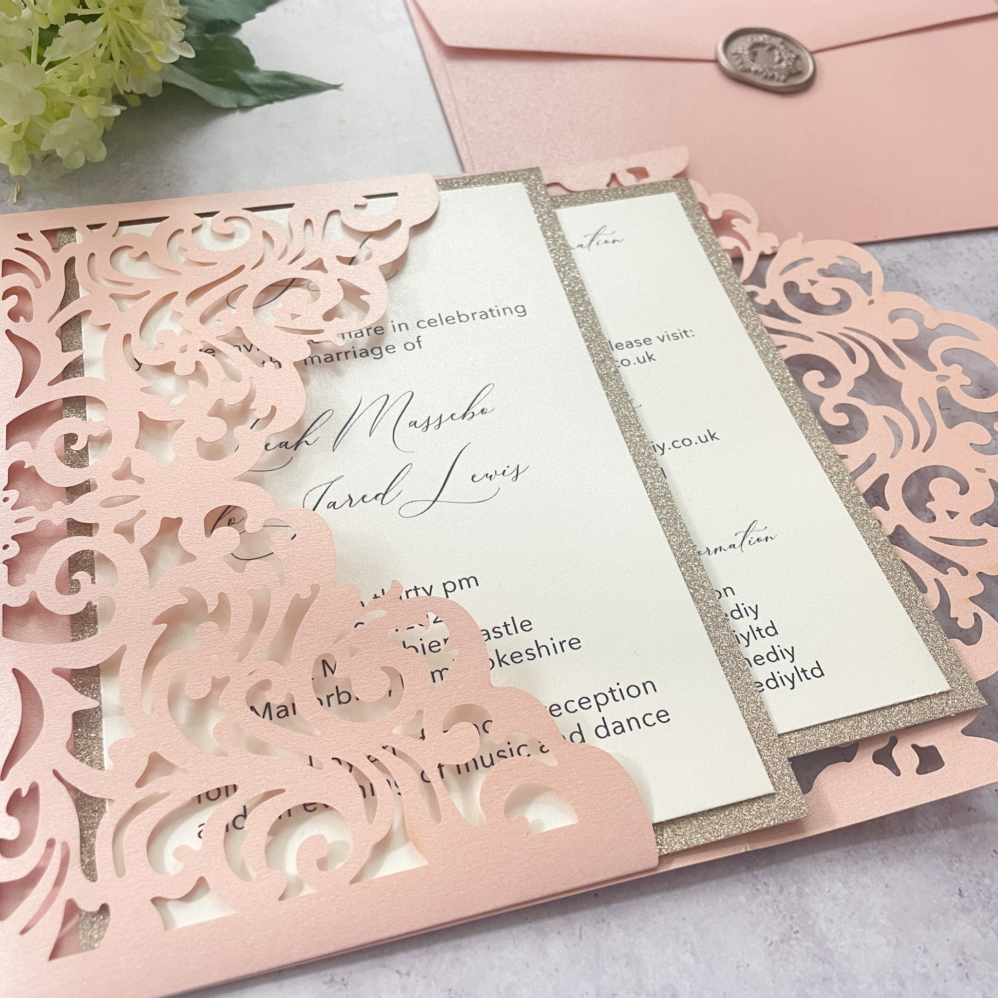 Blush Pink filigree Laser cut Wedding invitation with Champagne Gold glitter inserts from Imagine DIY