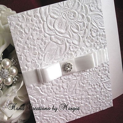 embossed lace wedding invitation in white