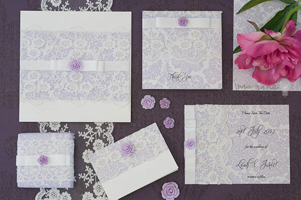 Lilac handmade wedding invitation with roses