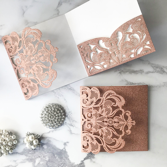 Rococo Laser Cut Pocket Fold Wedding Invitation - Rose Gold Glitter  ImagineDIY   