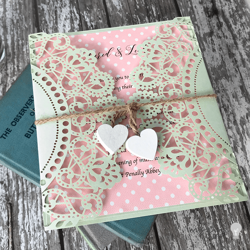 Doily Wedding Invitation - Pearlised Soft Green with insert and envelope  ImagineDIY   