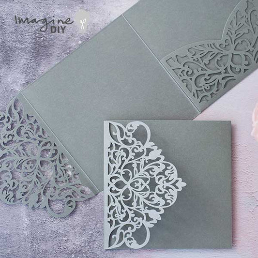 Wisteria Laser Cut Pocket fold Wedding Invitation - Grey  ImagineDIY   