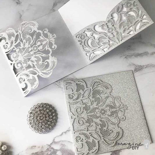 Rococo Laser Cut Pocket Fold Wedding Invitation - Silver Glitter  ImagineDIY   