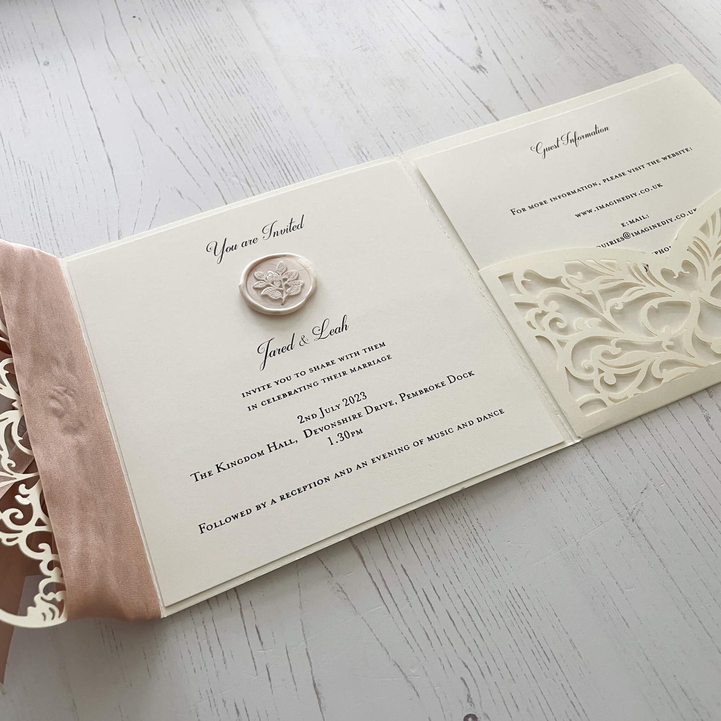 Wisteria Laser Cut Pocket fold Wedding Invitation - Matt off White ImagineDIY