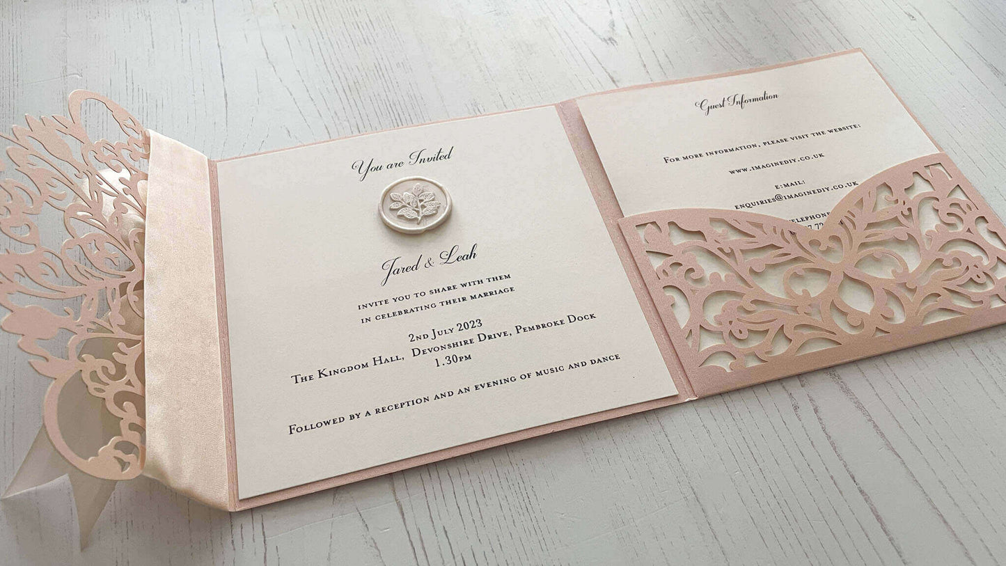 Wisteria Laser Cut Pocket fold Wedding Invitation - Blush Pink ImagineDIY