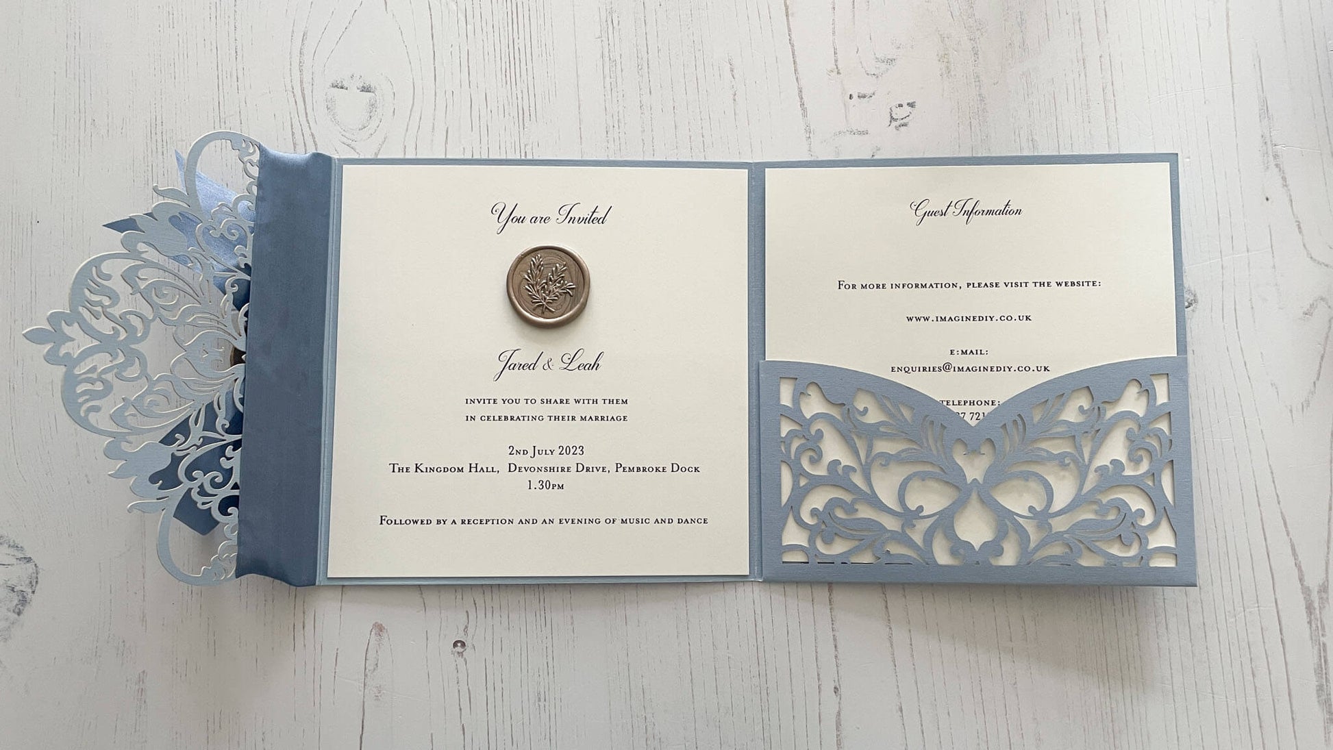 Wisteria Laser Cut Pocket fold Wedding Invitation - Pale Blue  ImagineDIY   