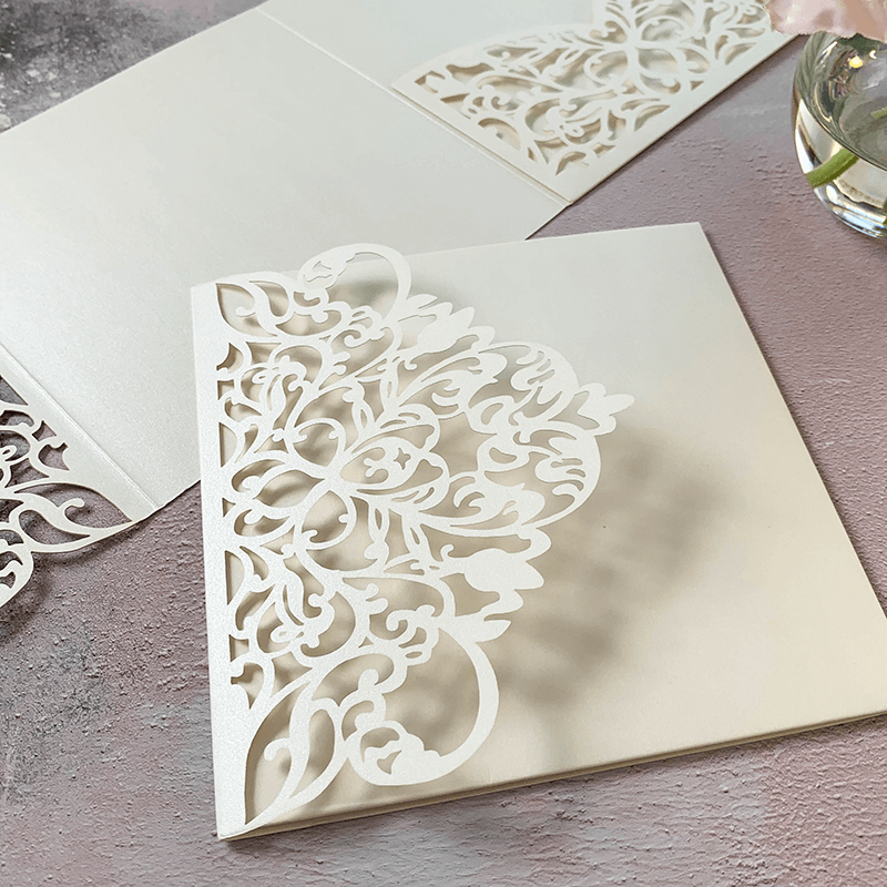 Wisteria Laser Cut Pocket fold Wedding Invitation - Pearlised Ivory ImagineDIY