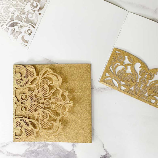 Rococo Laser Cut Pocket Fold Wedding Invitation- Gold Glitter  ImagineDIY   