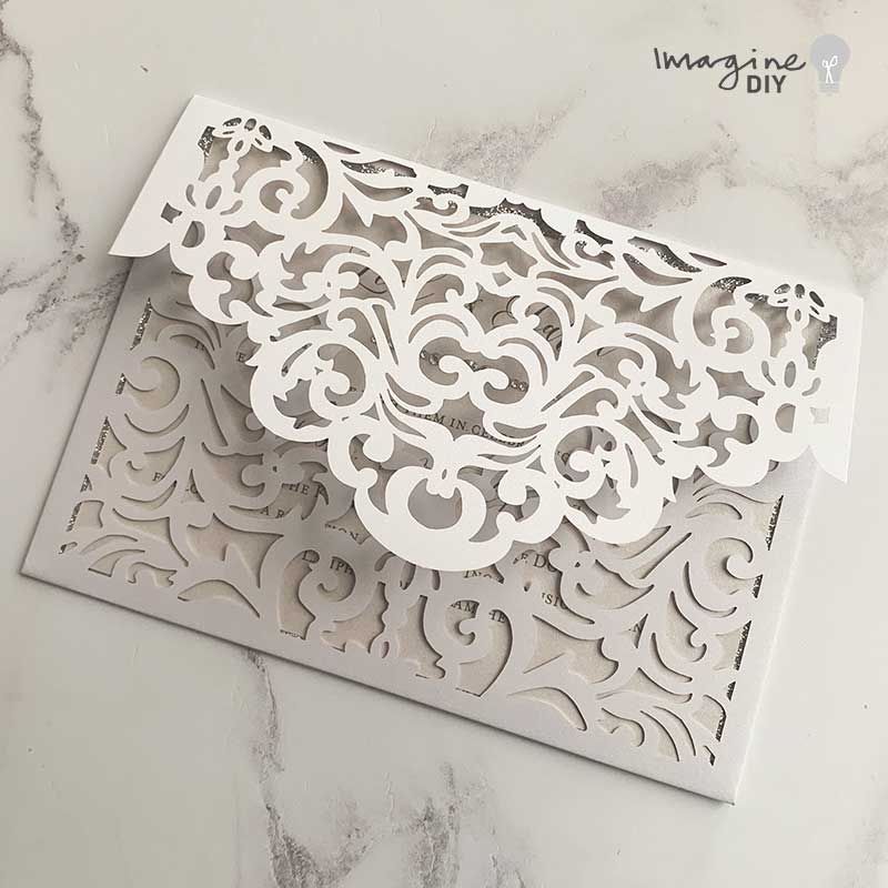 Filigree Pocket Fold Laser Cut Wedding Invitation - White ImagineDIY