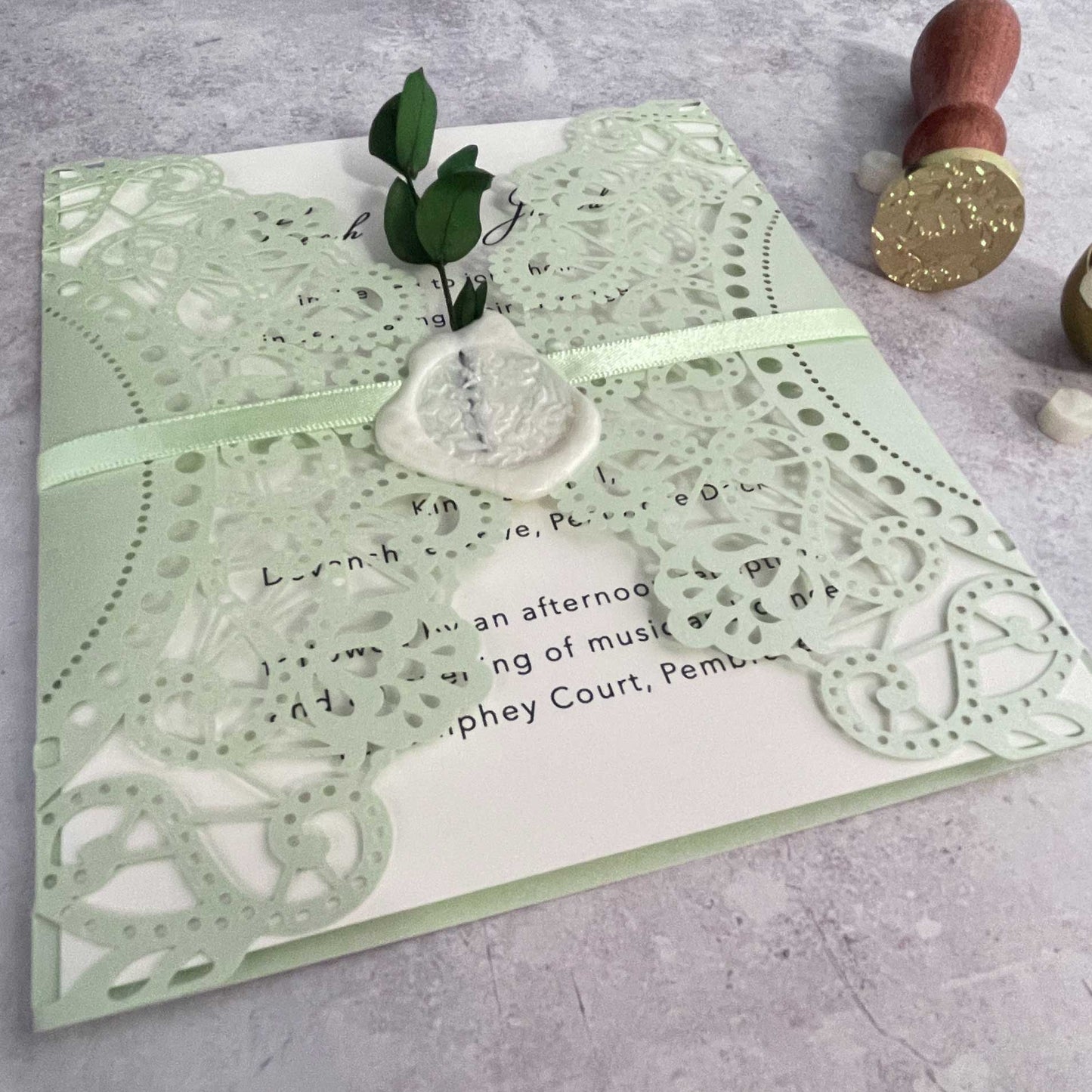 Doily Wedding Invitation - Pearlised Soft Green with insert and envelope  ImagineDIY   