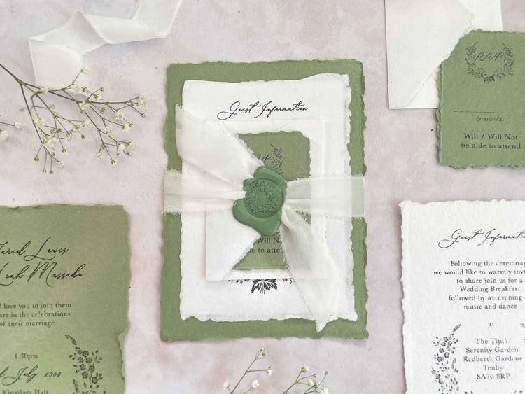 Eco Friendly Invitations With Handmade Paper, Silk Ribbon and A Wax Se