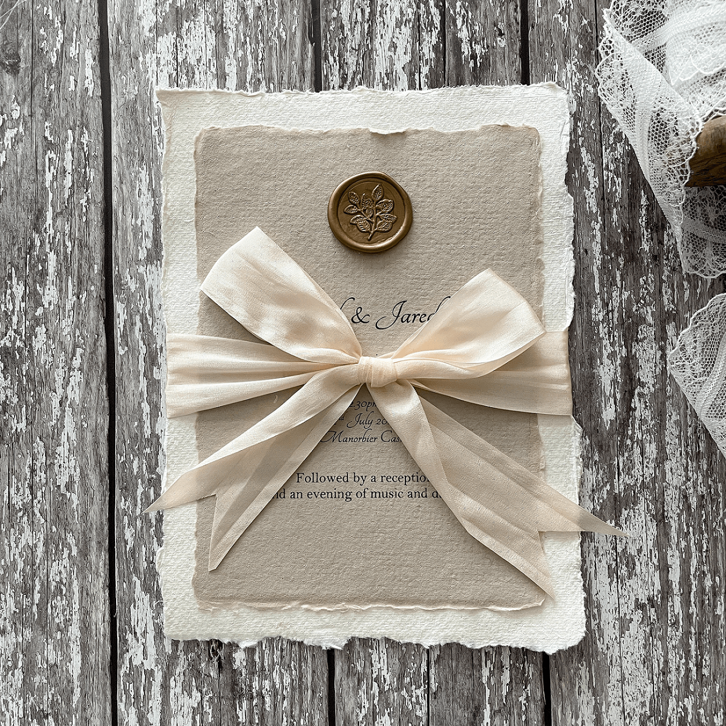 Natural Handmade paper wedding invitation with silk bow 