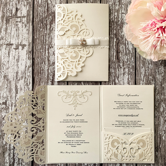 Pretty Pocket Fold Invitation with Lace and Pearls Templates