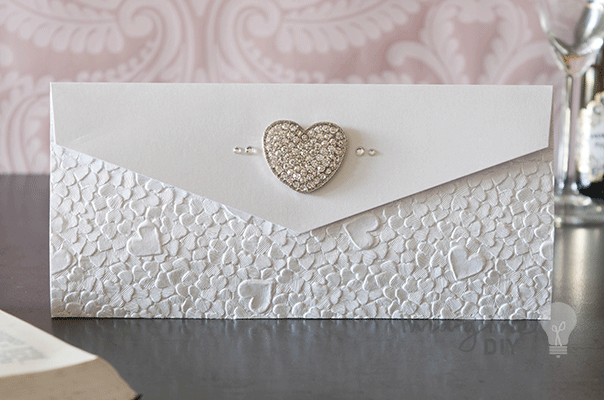 Pocket wedding invitation using White heart embossed paper   Imagine DIY