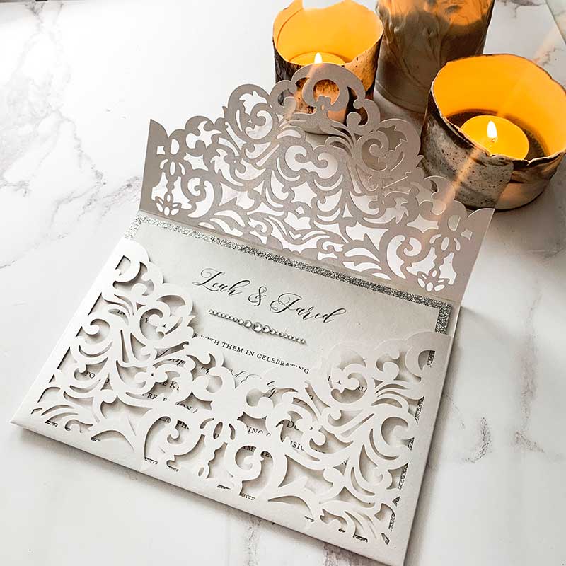 Filigree Pocket Fold Laser Cut Wedding Invitation - White
