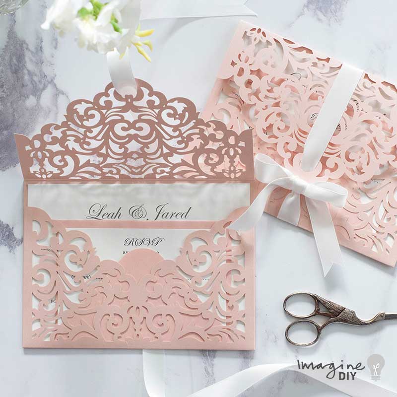 Filigree Pocket Fold Laser Cut Wedding Invitation - Blush Pink  ImagineDIY   