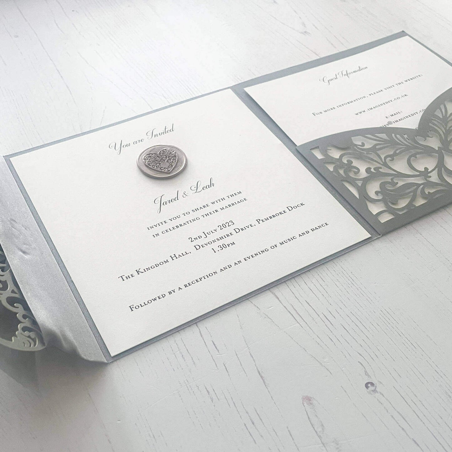 Wisteria Laser Cut Pocket fold Wedding Invitation - Grey