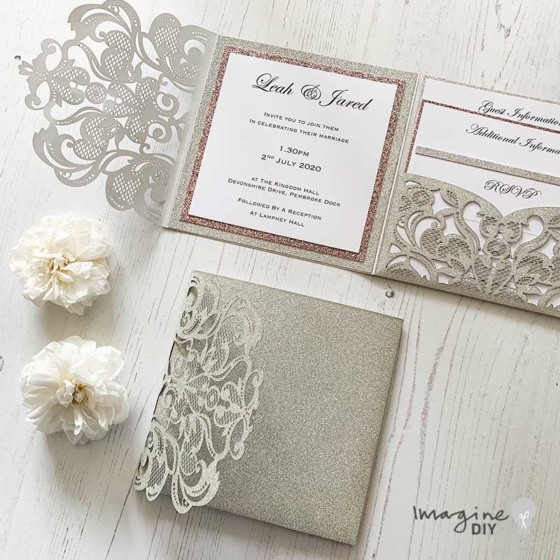 Rococo Laser Cut Pocket Fold Wedding Invitation - Silver Glitter  ImagineDIY   