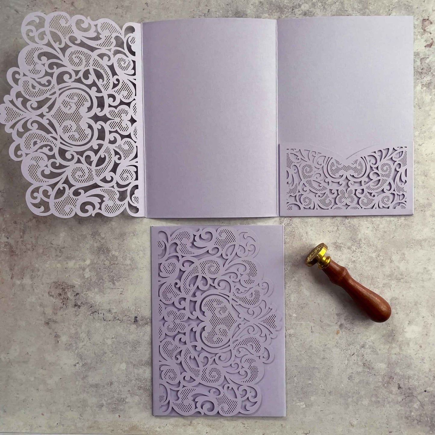 Amelie Laser Cut Pocket Invitation in Lilac