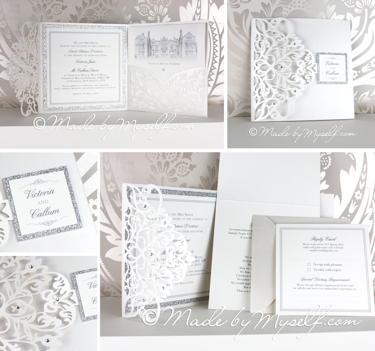 Wisteria Laser Cut Pocket fold Wedding Invitation in Pearlised White with silver glitter inserts and name tag panel  ImagineDIY   