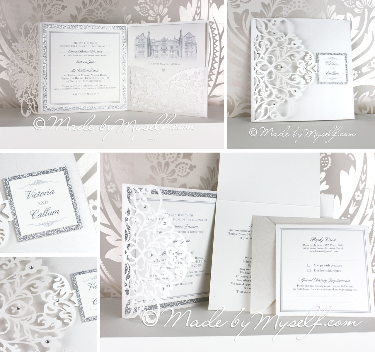 Wisteria Laser Cut Pocket fold Wedding Invitation - Pearlised White  ImagineDIY   