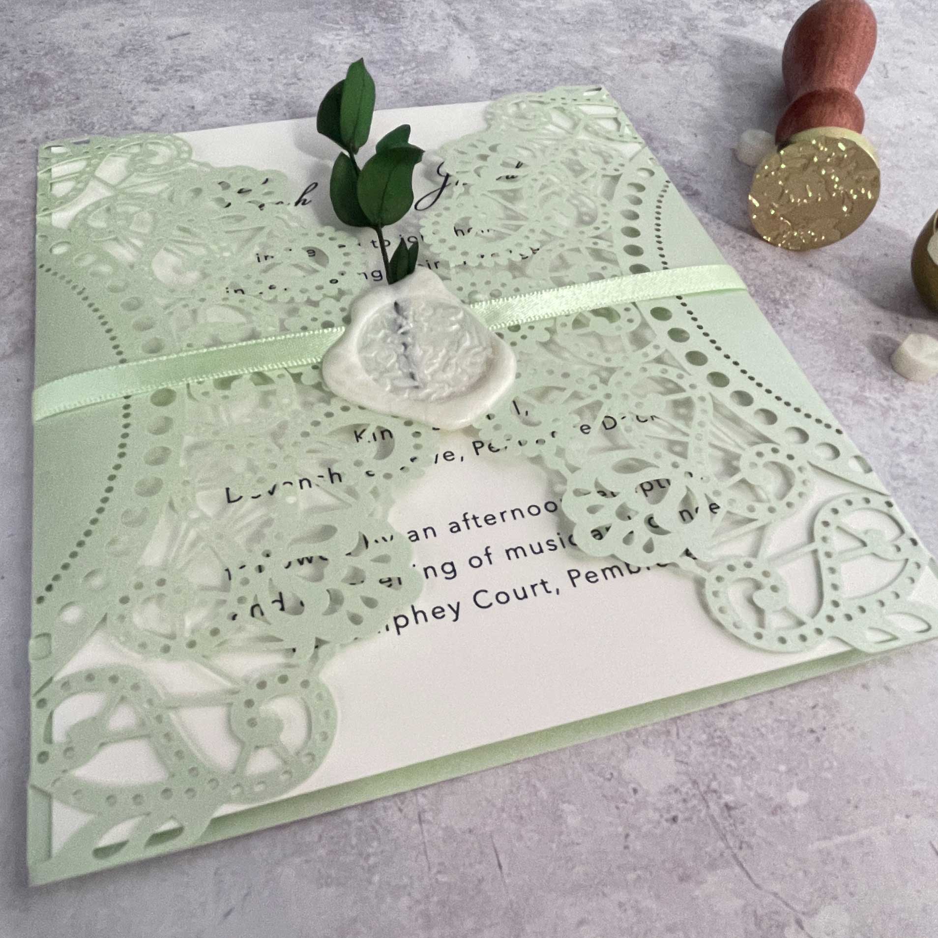 Light green doily invitation with Wax seal    Imagine DIY