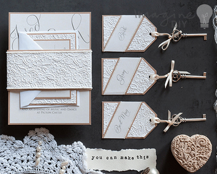 Wedding invitation set made with luxury lace embossed paper in white and Kraft colour  Imagine DIY