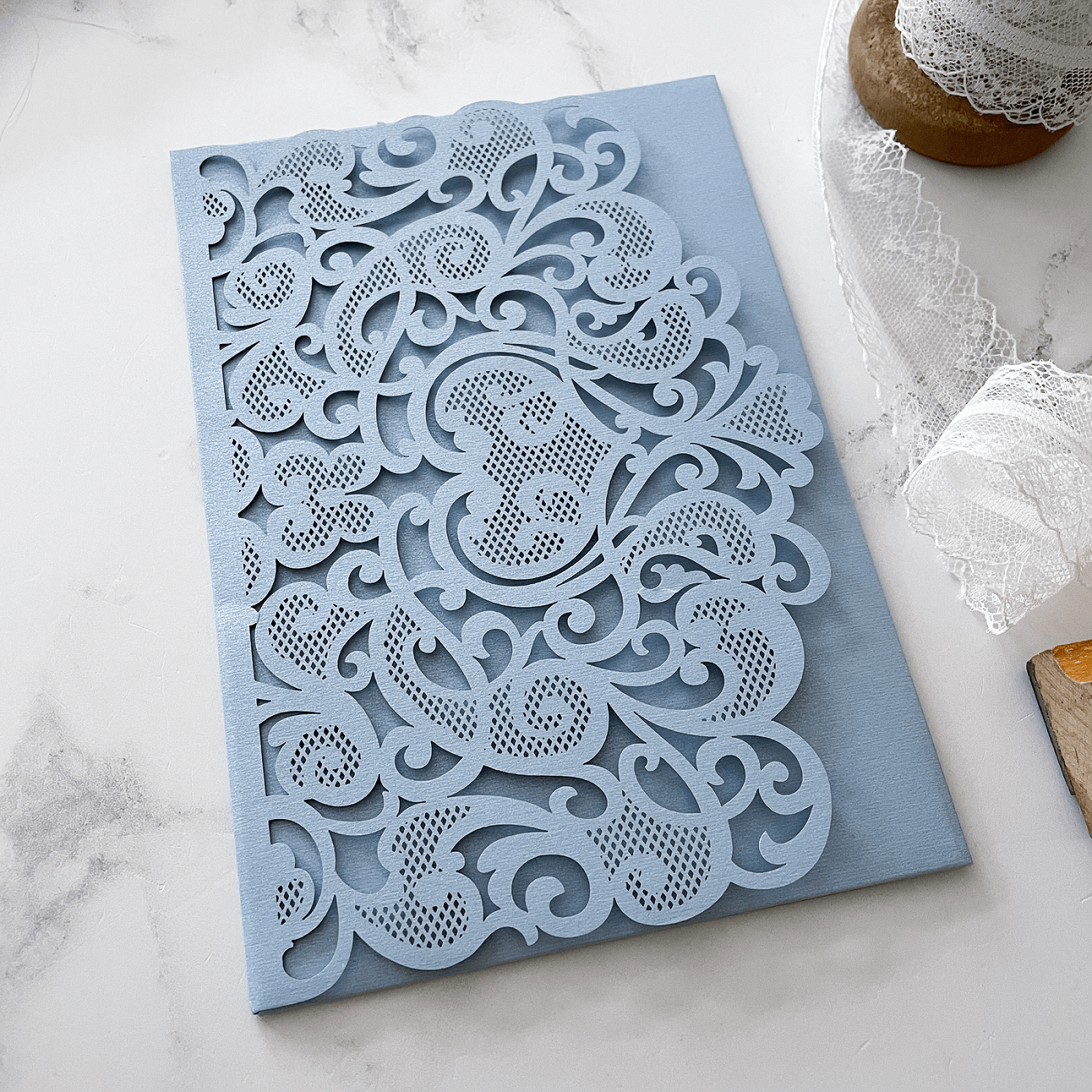 Amelie Laser Cut Pocket Invitation in Pale Blue  ImagineDIY   