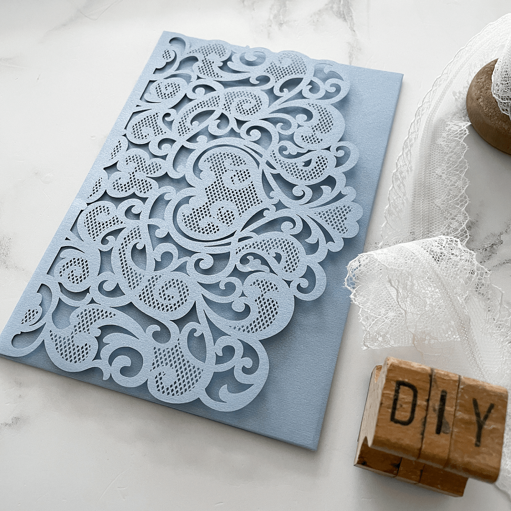 Amelie Laser Cut Pocket Invitation in Pale Blue  ImagineDIY   