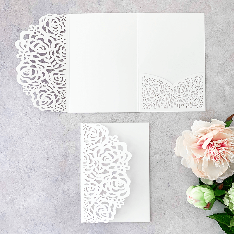 Beatrice_pearlised_white_Laser_cut_invitation_pocket_with_roses