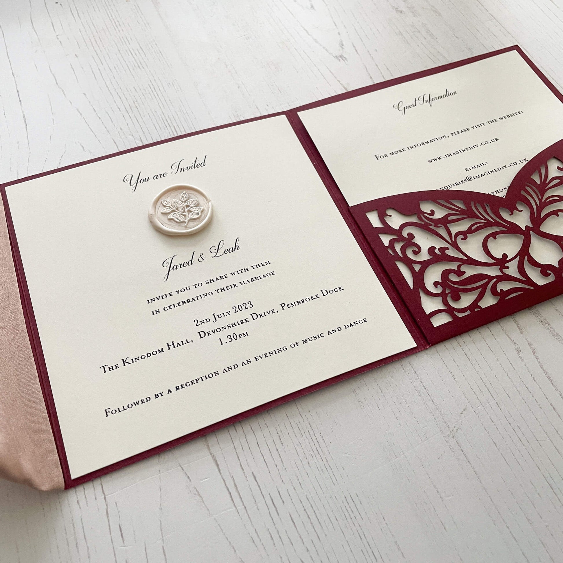 Wisteria Laser Cut Pocket fold Wedding Invitation in Wine (Burgundy)  ImagineDIY   