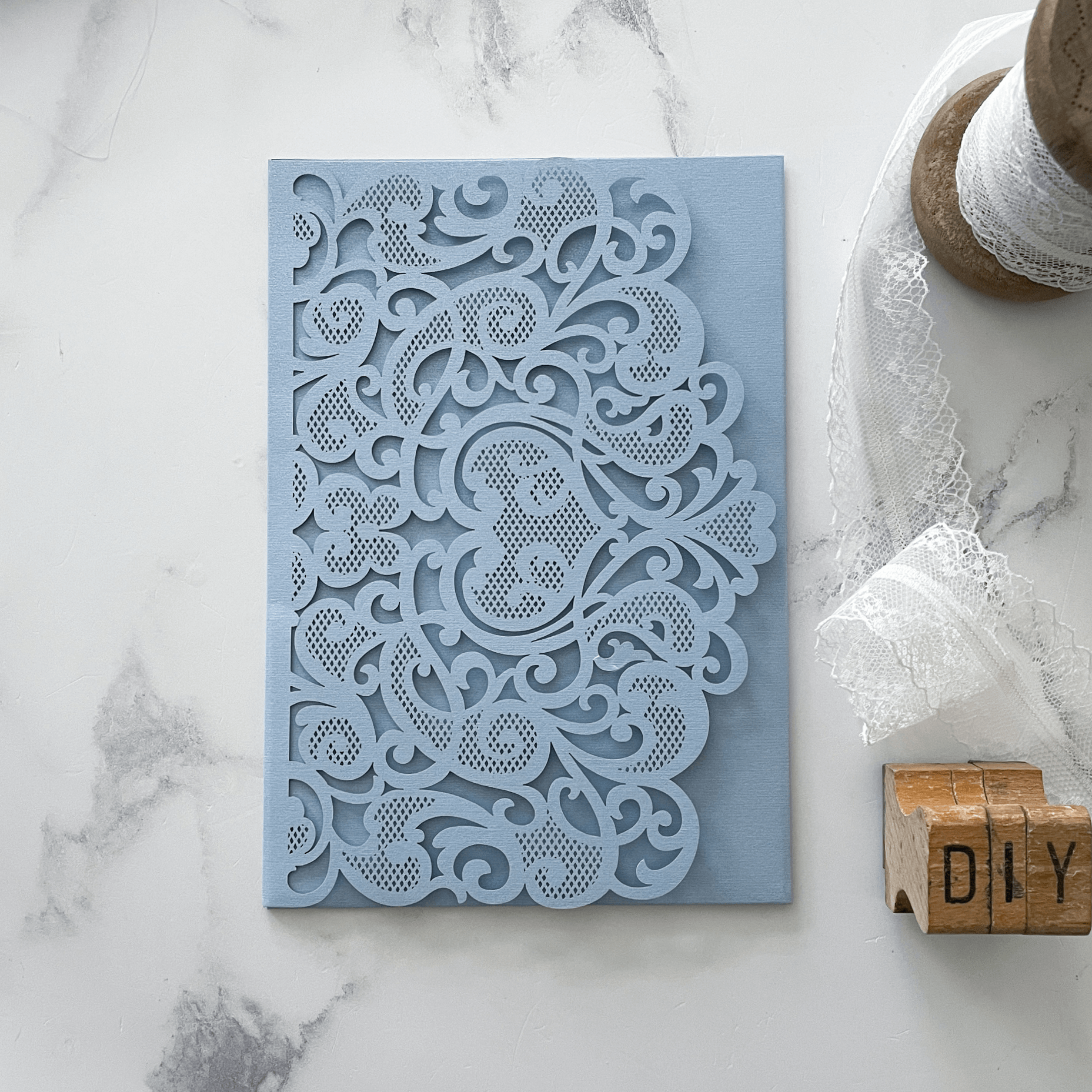 Amelie Laser Cut Pocket Invitation in Pale Blue  ImagineDIY   