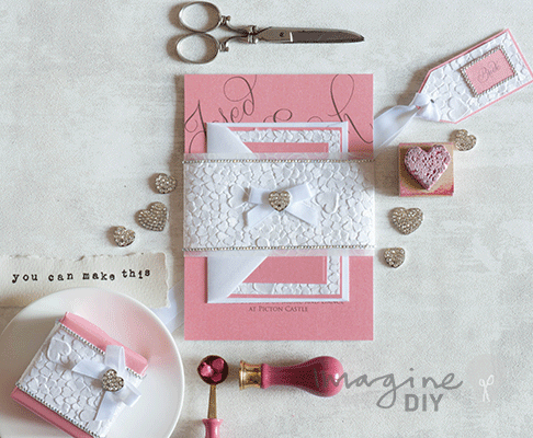 DIY pink and crystal hearts wedding stationery