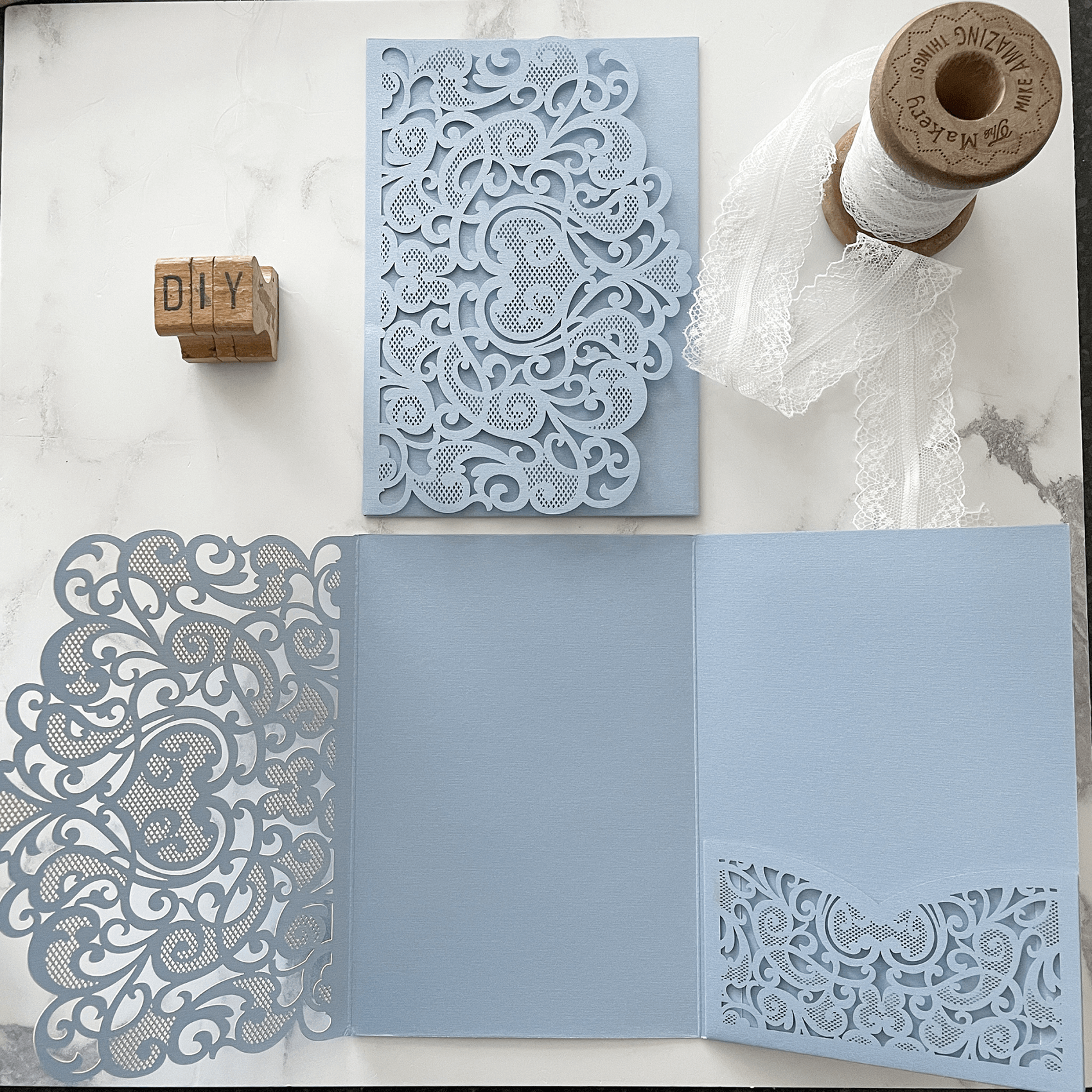 Amelie Laser Cut Pocket Invitation in Pale Blue  ImagineDIY   