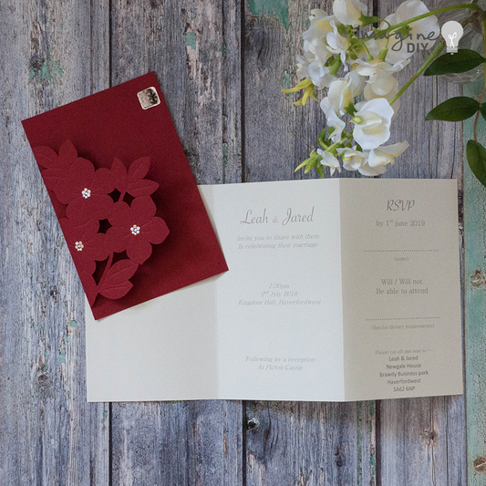 red_embossed_laser_cut_invitation_with_flowers_diy_wedding_supplies